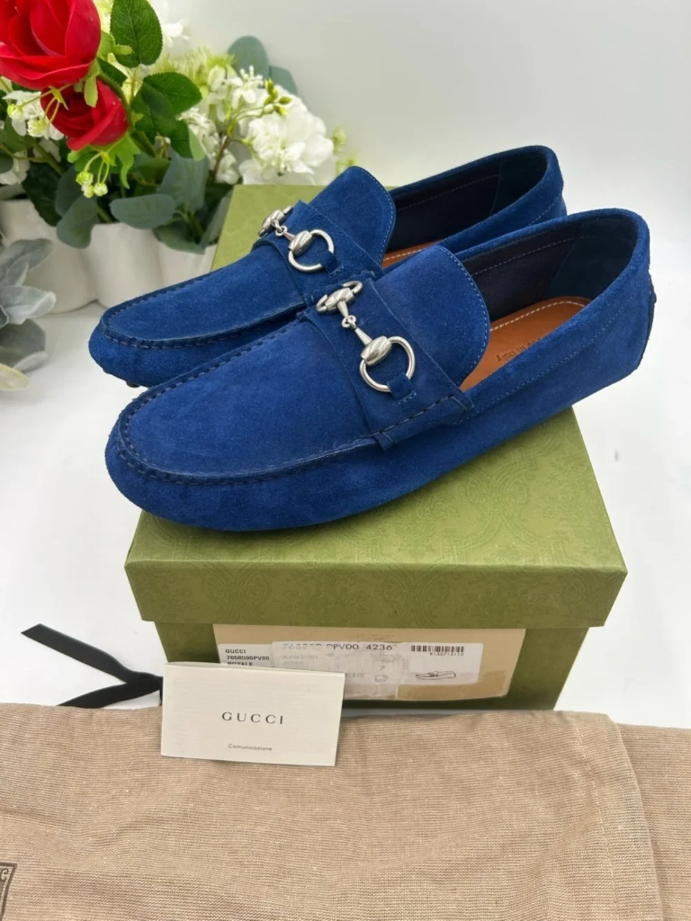 Men's Gucci horse bit blue suede loafers size 7 fits 8 US made in Italy